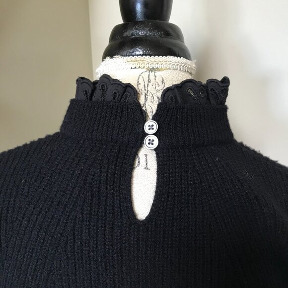 Sea NY Iris Eyelet Sweater Womens Medium Black Long Sleeve Wool Cotton Mock Neck - Picture 12 of 13